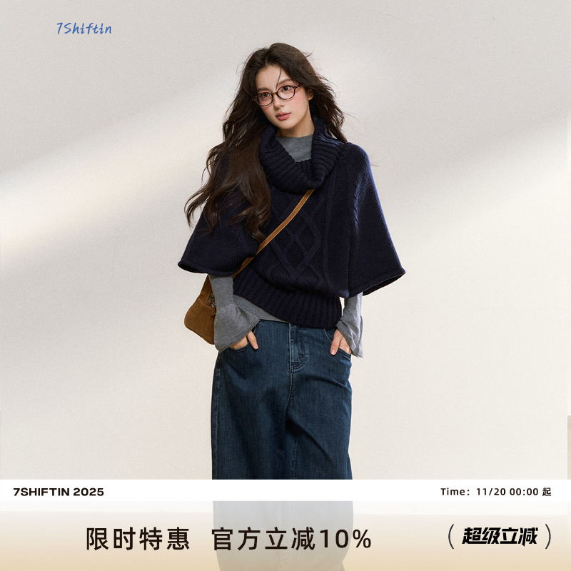 7Shiftin 原创设计秋冬款慵懒风双色宽松毛针织衫女简约套头上衣