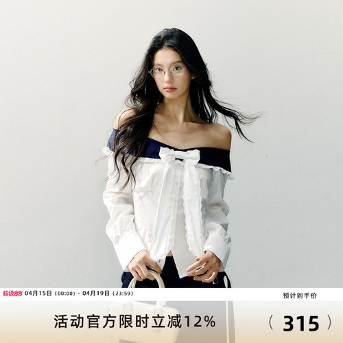 7Shiftin 原创设计蝴蝶结拼接一字肩长袖显瘦衬衫新款假两件上衣