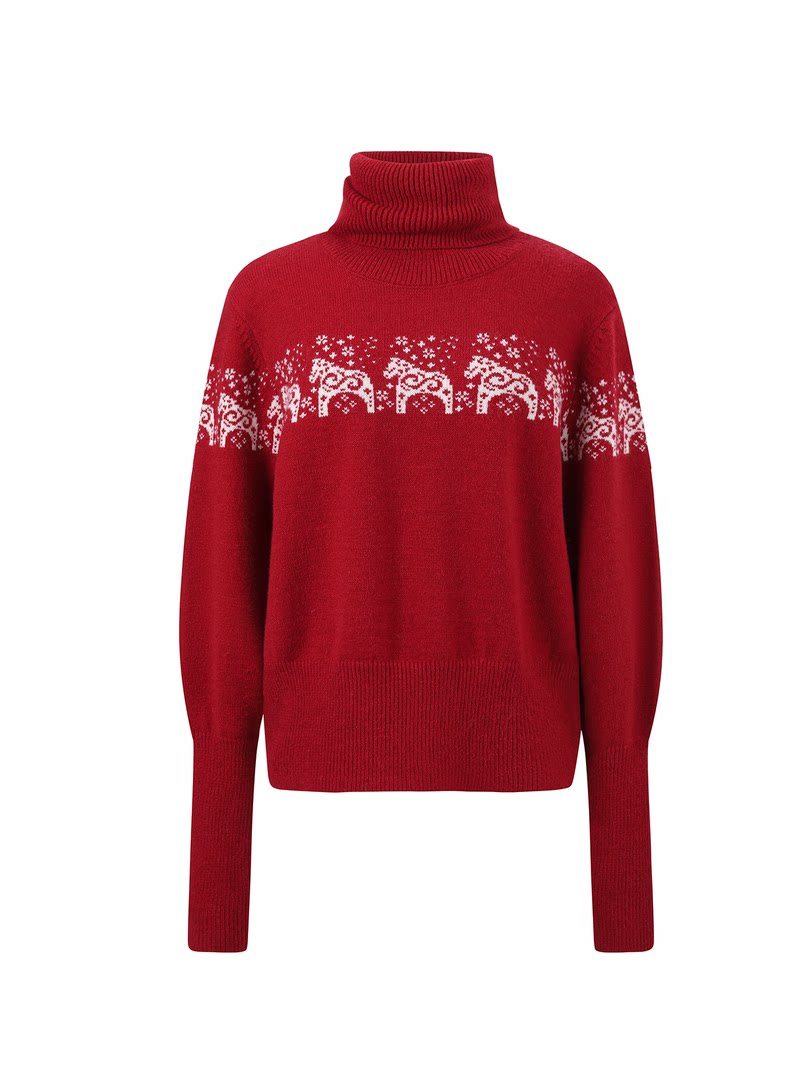 Red turtleneck sweater with white holiday pattern on a white background
