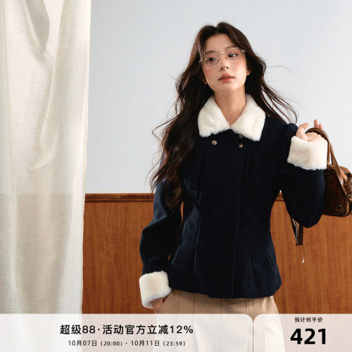 7Shiftin 原创设计温柔千金风泡泡肩上衣仿水貂毛绒翻领修身外套