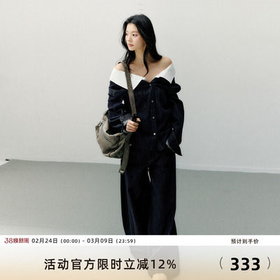 7Shiftin 原创设计深蓝色复古阔腿牛仔裤女垂感宽松休闲百搭长裤