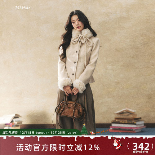 7Shiftin 原创设计可拆卸毛毛领燕麦色围巾毛呢外套冬季短款外衣