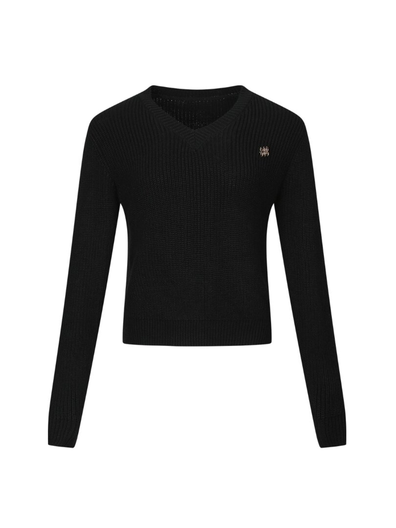 Black long-sleeve V-neck knit sweater on a white background
