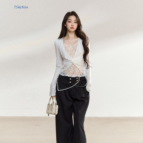 7Shiftin 原创设计新款白色蕾丝拼接扭结打底长袖T恤假两件上衣女