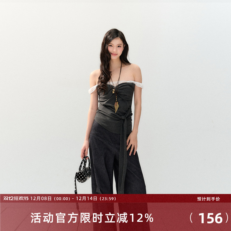 7Shiftin 原创设计春夏新款蕾丝一字肩吊带收腰设计感灰色上衣女