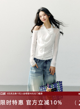 7Shiftin 原创设计辣妹风白色假两件挂脖长袖上衣修身显瘦气质T恤