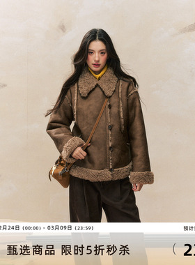 7Shiftin 原创设计秋冬新款复古咖色外衣加厚羊羔毛皮毛一体外套