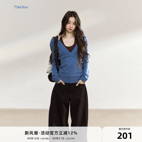 7Shiftin 原创新款设计感美式辣妹蓝色毛衣小众针织打底衫上衣女