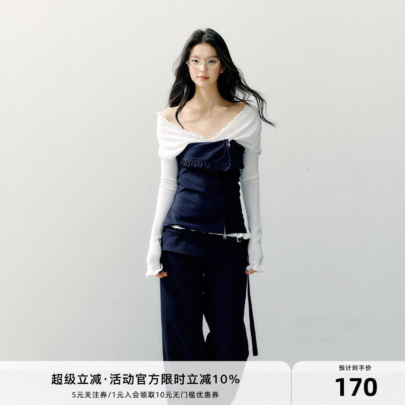 7Shiftin 原创设计可拆卸抹胸藏蓝拼接斜肩上衣高级感长袖收腰T恤图片