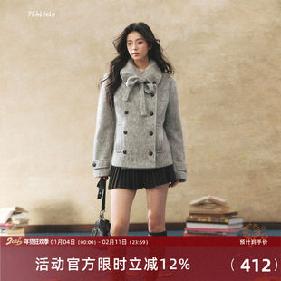 7Shiftin 原创设计小香风系带毛呢外套女冬季双排扣保暖呢子大衣