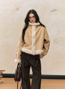 7Shiftin 原创设计秋冬新款廓形黄色皮毛一体外套加厚夹克上衣女