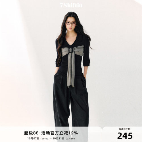 7Shiftin 原创设计通勤风氛围感撞色上衣七分袖蝴蝶结毛针织衫女