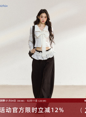 7Shiftin 原创新款辣妹套装白色蝴蝶结上衣花边直筒长裤两件套女