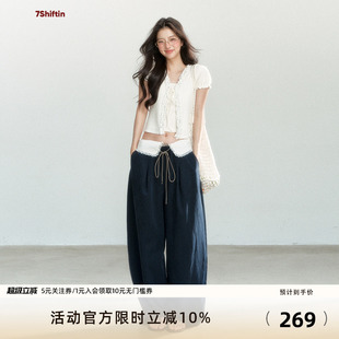 蕾丝拼接蓝色宽松休闲裤 7Shiftin 原创设计夏季 新款 女 垂感拖地裤