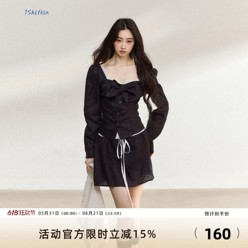 7Shiftin 原创秋季新款纯欲休闲穿搭长袖收腰上衣亚麻短裙子套装