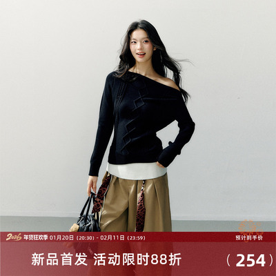 7Shiftin 原创早春假两件黑色斜肩显瘦毛衣女百搭通勤上衣打底衫