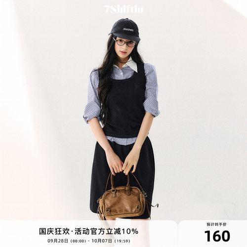7Shiftin 原创设计复古学院风套装翻领格纹清爽上衣简约百搭裙女