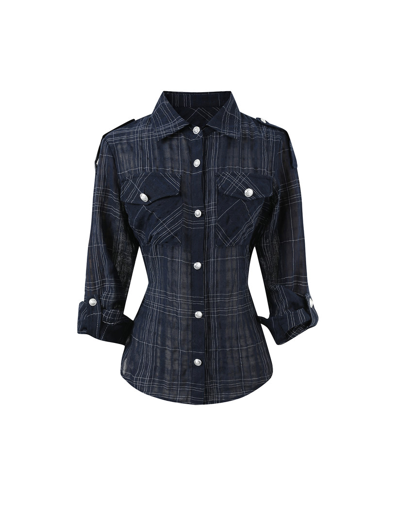Dark plaid long-sleeve button-up shirt on a white background