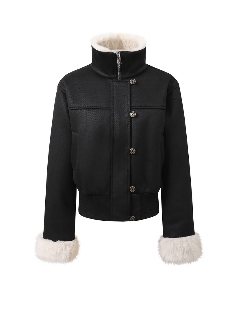 Black winter jacket with fur trim on sleeves and collar