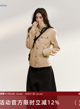 7Shiftin 原创设计韩系复古修身卡其立领夹克外套正肩短款上衣女