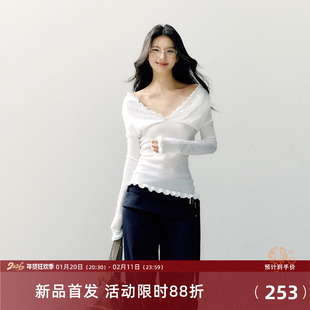 7Shiftin 原创设计收腰修身一字肩针织衫新款木耳边毛衣打底上衣