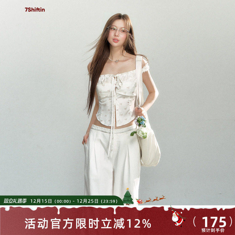 7Shiftin 原创设计夏季新款白色碎花吊带背心百搭短款假两件上衣
