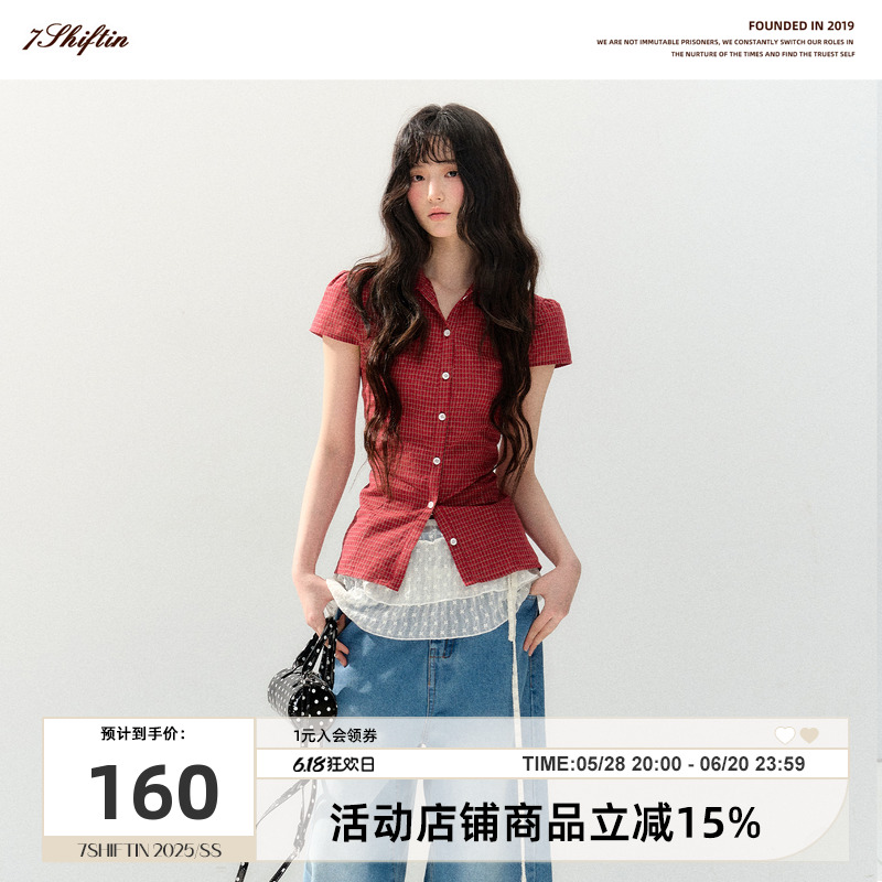 7Shiftin原创设计春夏新款红色短袖衬衫辣妹修身显瘦衬衣上衣女