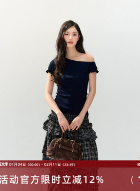 7Shiftin 原创设计春夏新款三色短袖T恤收腰修身辣妹斜肩打底上衣