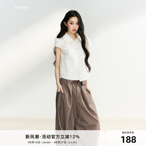 7Shiftin 原创设计夏季新款棉质衬衫翻领双排扣短袖休闲宽松上衣