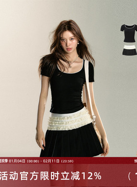 7Shiftin原创设计夏季新款修身黑色蕾丝边上衣法式包臀短裙女套装