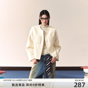 7Shiftin原创设计秋冬新款 小香风外套女 白色圆领气质修身 正肩短款