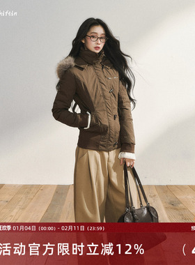 7Shiftin 原创设计双色保暖连帽棉服外套气质短款牛角扣毛领上衣