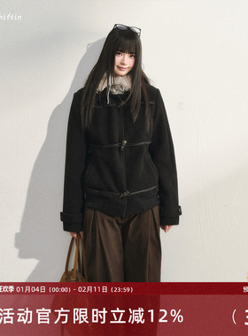 7Shiftin 原创设计黑色牛角扣外套秋冬新款百搭修身保暖毛呢大衣