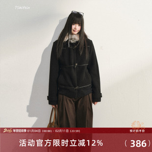 7Shiftin 原创设计黑色牛角扣外套秋冬新款百搭修身保暖毛呢大衣