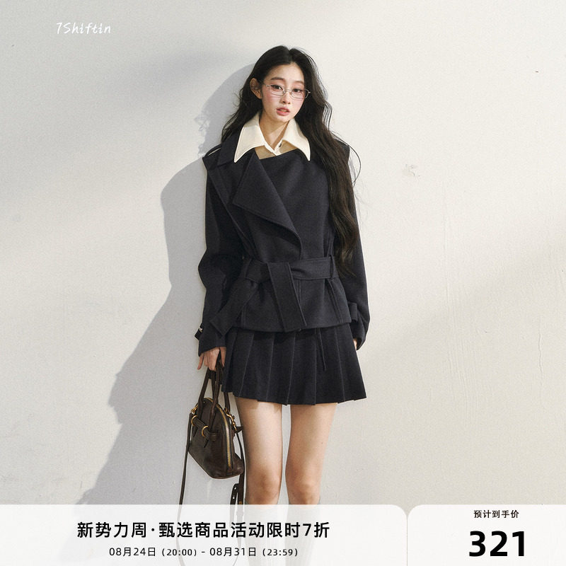 7Shiftin 原创设计学院风穿搭假两件夹棉西装棉服短裙子两件套女