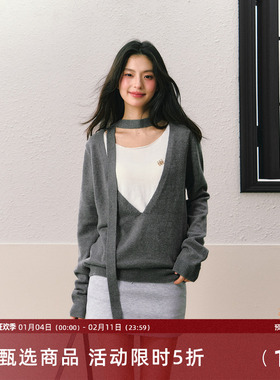 7Shiftin原创设计夏季新款休闲修身慵懒风灰色假两件打底针织衫女