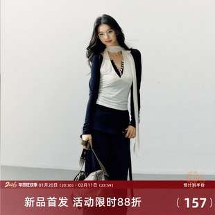 7Shiftin 原创设计针织套装白色挂脖外衣蓝色长袖打底内搭上衣女