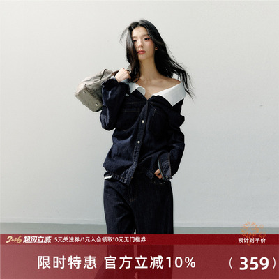 7Shiftin 原创设计新款长袖休闲一字肩短外套深蓝色牛仔衬衫上衣