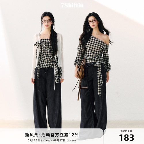 7Shiftin 原创设计水洗格纹抹胸斜肩两穿蝴蝶结抽褶收腰显瘦上衣
