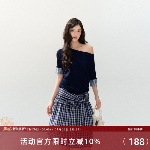 7Shiftin 原创设计新款韩系拼接双色斜肩短袖T恤设计感收腰上衣女