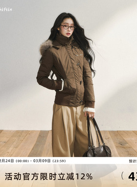 7Shiftin 原创设计双色保暖连帽棉服外套气质短款牛角扣毛领上衣