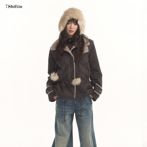 7Shiftin 原创设计复古机能风毛绒梭织外套可调节纽扣袢保暖棉服