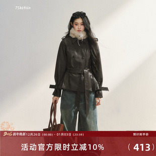 复古收腰毛领外套 口毛呢皮大衣时尚 7Shiftin 原创设计深棕色收袖