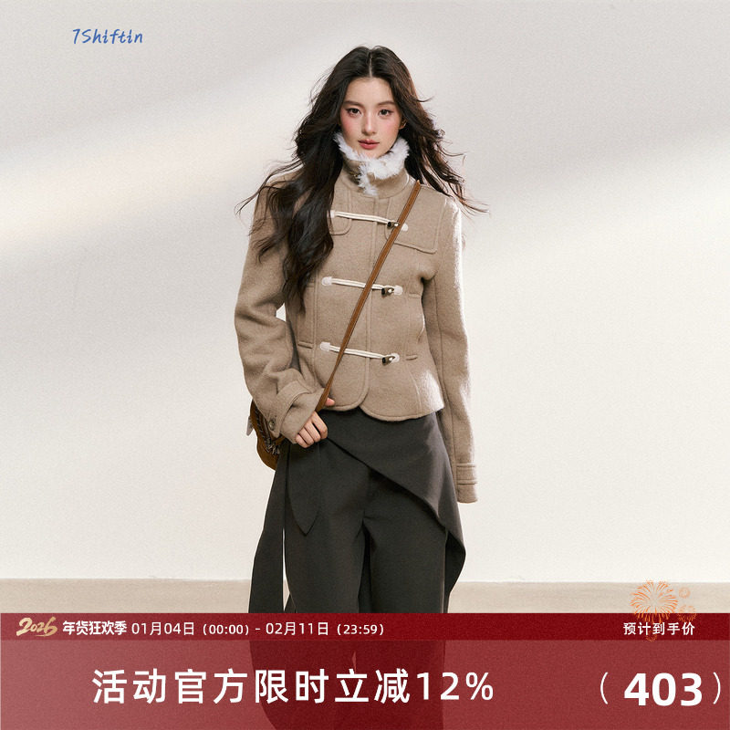 7Shiftin 原创设计咖色牛角扣拼接夹棉外套秋冬新款收腰气质上衣,女装/女士精品,短外套,淘宝优惠券,粉丝福利购,淘宝优惠卷