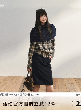 7Shiftin 原创设计复古小众长袖格纹收腰衬衫拼色落肩衬衫外套女