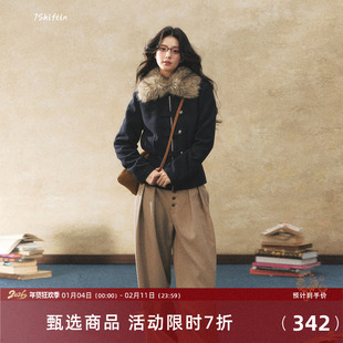 7Shiftin 原创设计冬季新款藏蓝色拼接毛领外套保暖收腰显瘦上衣