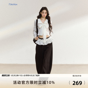7Shiftin 辣妹套装 白色蝴蝶结上衣花边直筒长裤 两件套女 原创新款