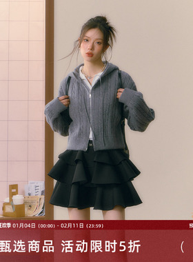 7Shiftin原创设计学院风连帽灰色毛衣秋冬新款衬衫针织开衫短裙女