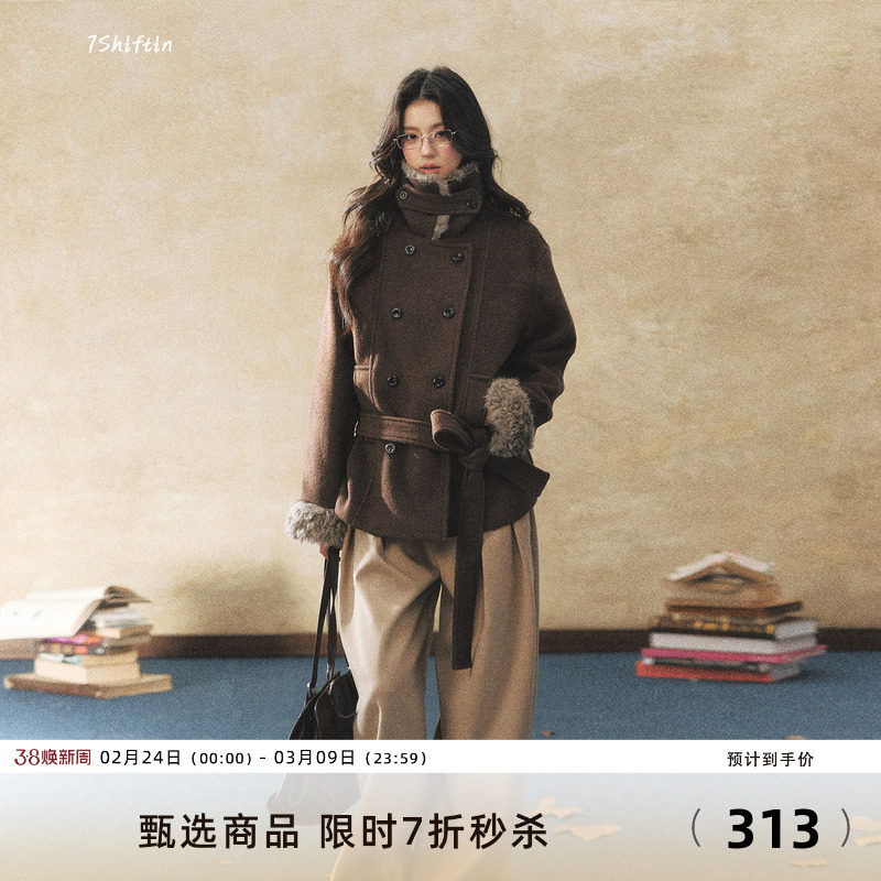 7Shiftin 原创设计双排扣棕色毛呢外套冬季高级毛领保暖呢子大衣
