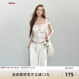 白色碎花吊带背心百搭短款 新款 假两件上衣 原创设计夏季 7Shiftin